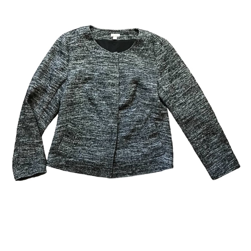 J. Jill Wool‎ Blend Tweed Blazer Jacket Gray Snap Front Size Medium Long Sleeves